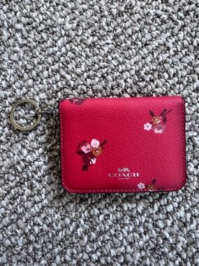 Coach Pink Floral Leather Card Case with Key Ring
